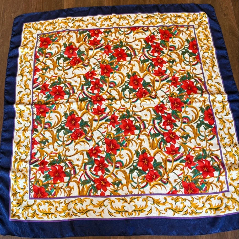 Vintage Baroque Gold Scroll Floral Silk Feel Square Scarf Navy